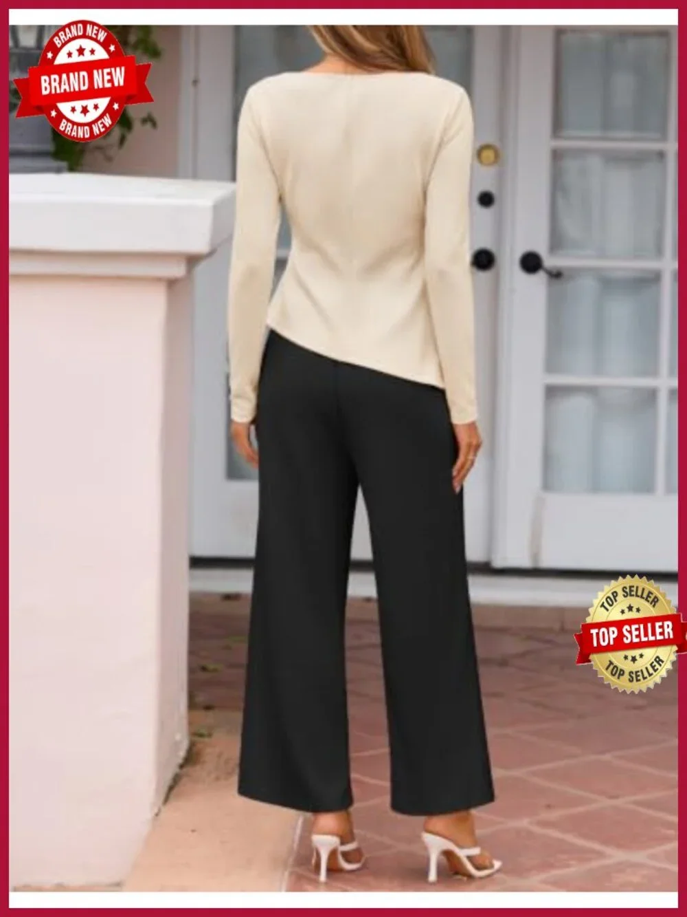 2 Piece Dressy Pant Set Women Work Office Outfit Long Sleeve Ruched Top Wide